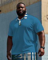 Men's Big Size Hawaiian Coconut Tree Simple Blue Stripe Printed Short Sleeve Polo Shirt Shorts Set